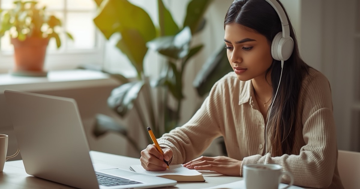 Student with headphones taking notes during a live online German class on her laptop